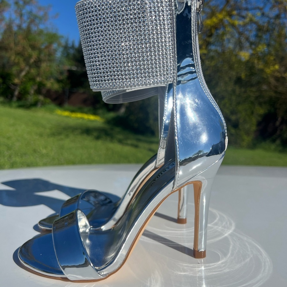 Silver Rhinestone Ankle-Cuff High Heel Sandals - Picture 3 of 8